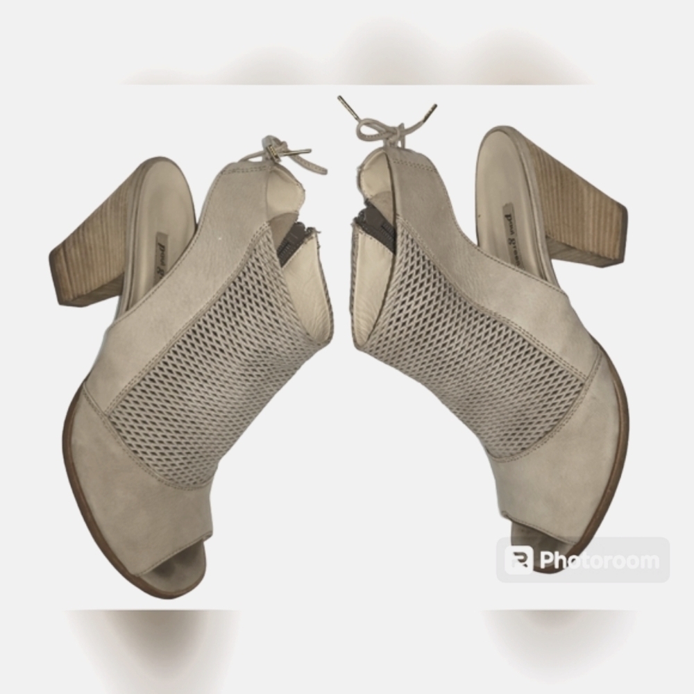 PAUL GREEN Lexi Taupe Leather Peep Toe Booties Mesh Block Heel Chic Neutrel - Picture 4 of 10